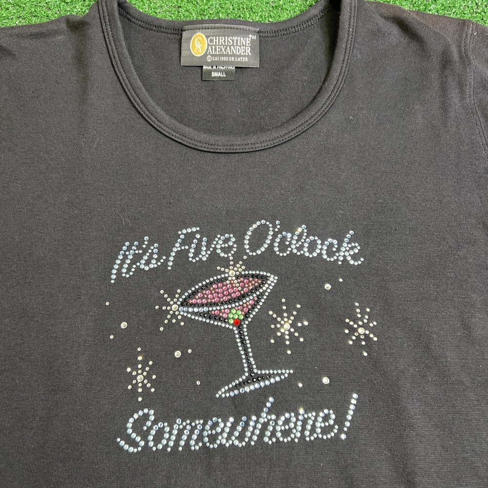 Christine Alexander Its 5 O'clock Somewhere Swarovski Black‎ T-Shirt Small NWT